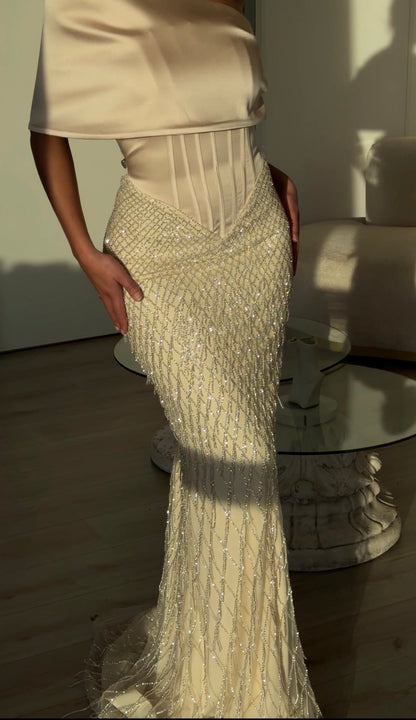Pearl Beaded Sheer Mesh Mermaid Maxi Skirt with Embroidered Detail