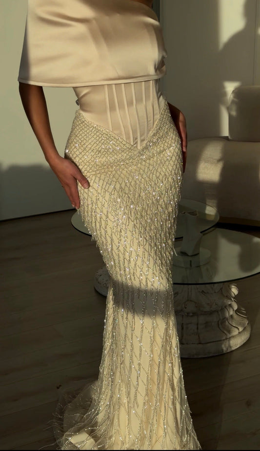 Pearl Beaded Sheer Mesh Mermaid Maxi Skirt with Embroidered Detail