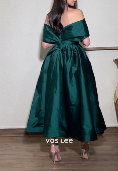 A-Line Off the Shoulder Green Pleated Ankle-Length Evening Dresses