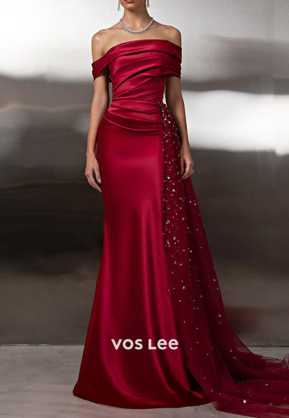 Burgundy Off the Shoulder Satin Pleated Mermaid Prom Dresses with Sweep Train
