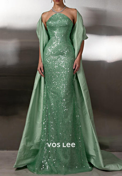 Fully Sequined Strapless Floor-Length Pleated Mermaid Prom Dresses