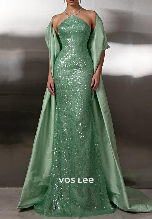 Fully Sequined Strapless Floor-Length Pleated Mermaid Prom Dresses