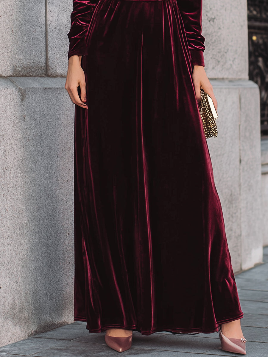 Burgundy Velvet Long-Sleeve Evening Gown