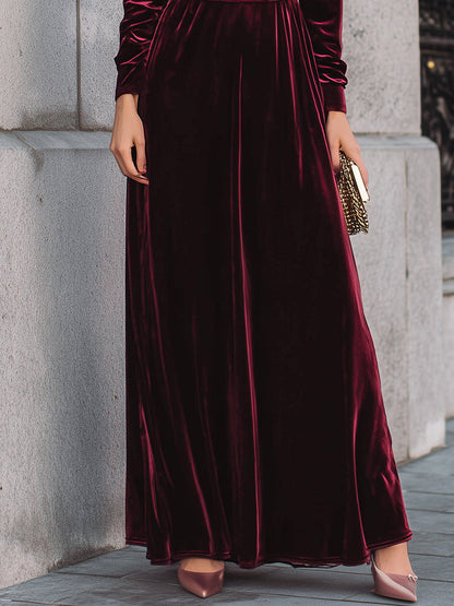 Burgundy Velvet Long-Sleeve Evening Gown