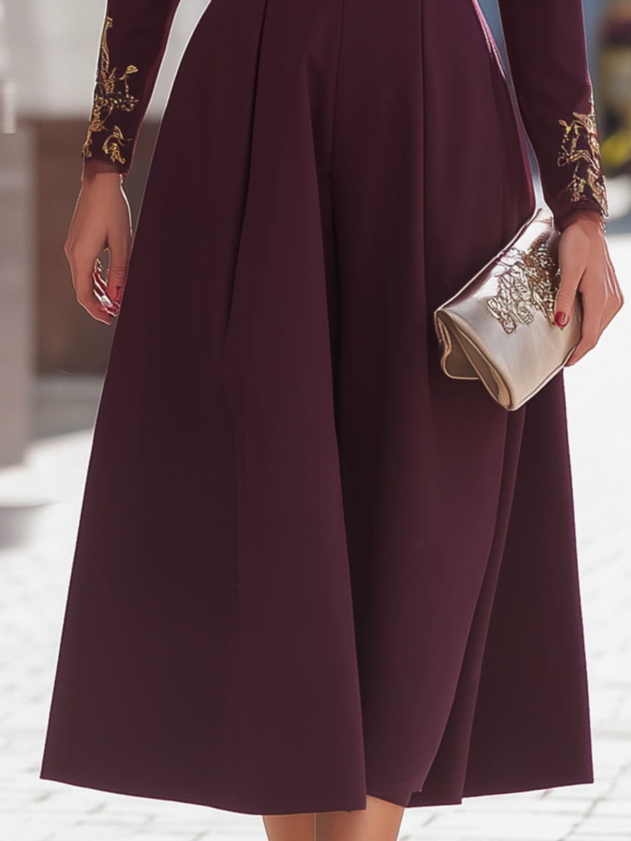 Embellished Burgundy Long-Sleeve Midi Dress