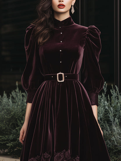 Luxurious Burgundy Velvet Belted Dress With Lace Trim