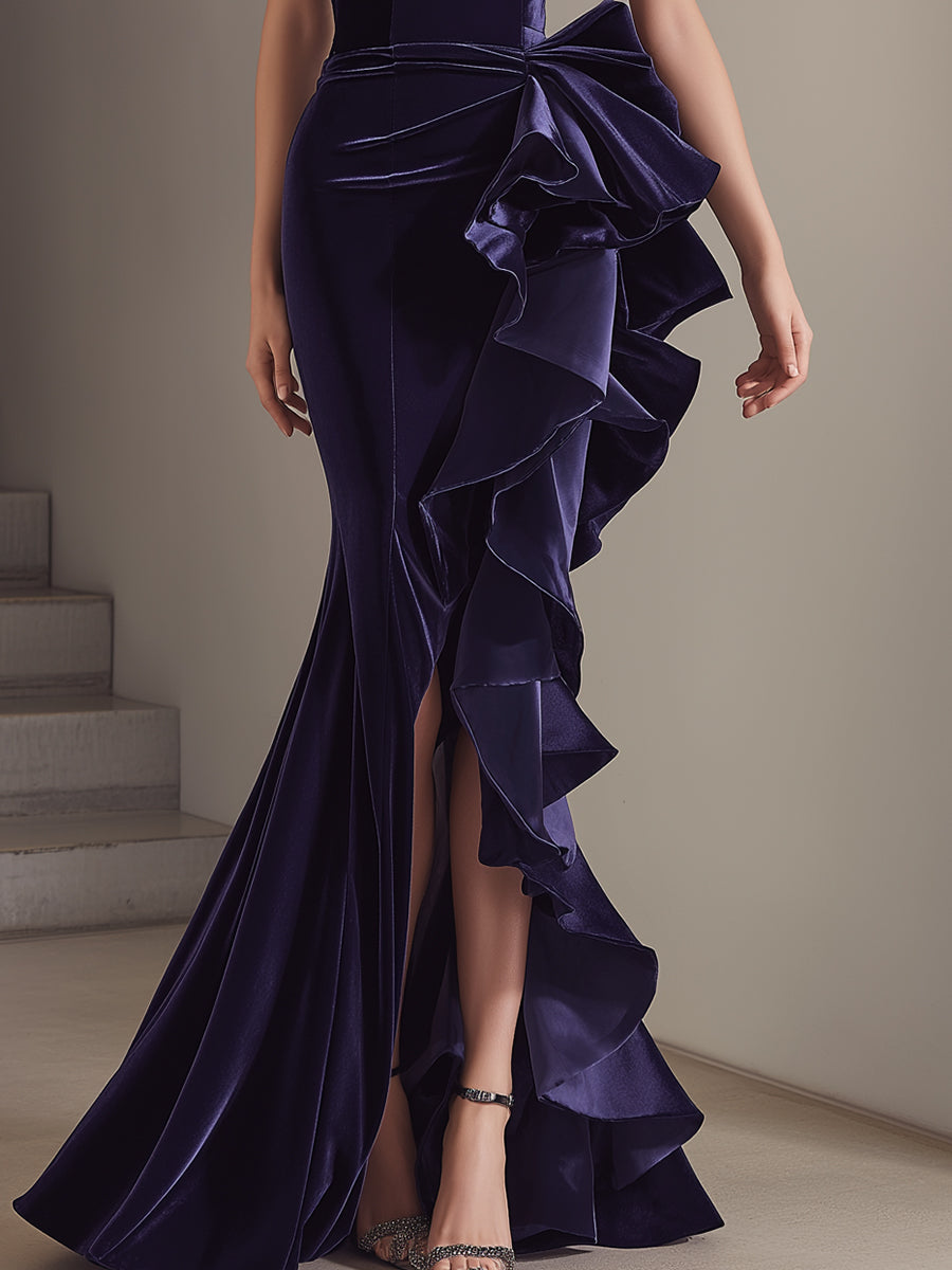 Strapless Royal Purple Velvet Ruffle Evening Gown