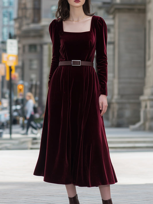 Burgundy Velvet Midi Dress With Square Neckline
