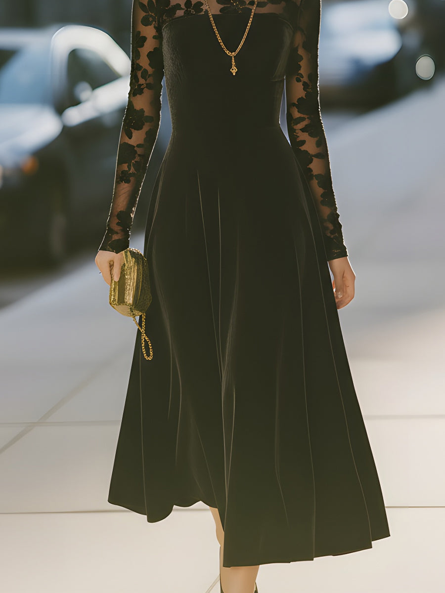 Black Velvet Floral Embroidered Midi Dress