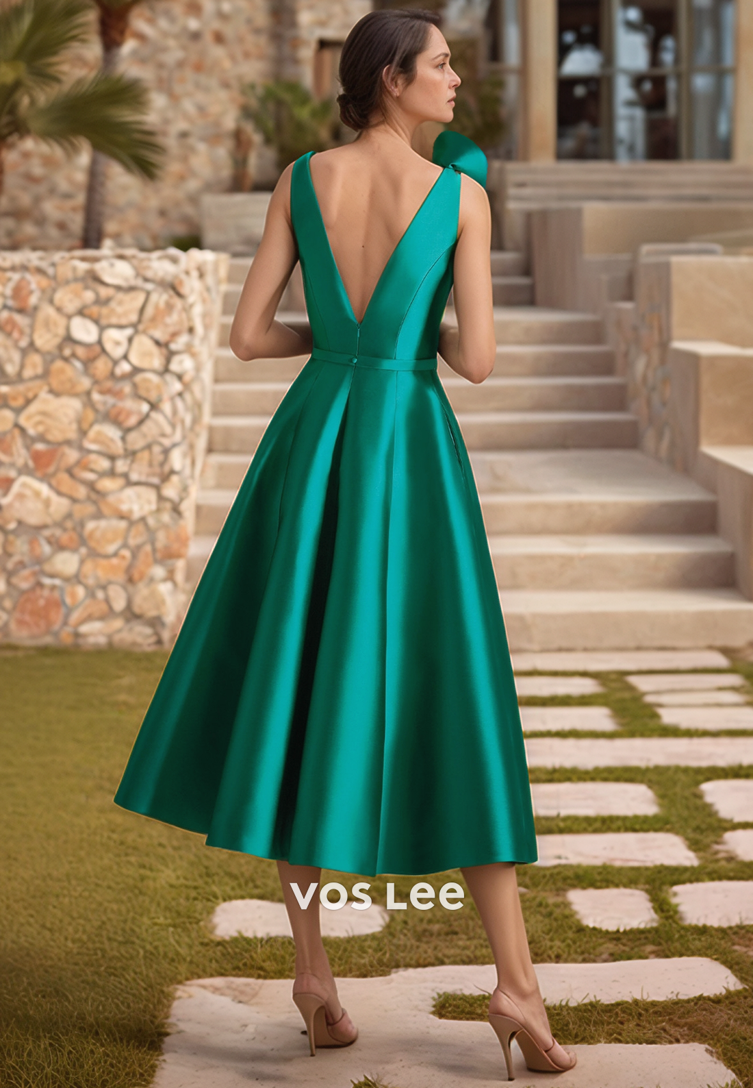 A-Line V Neck Tea-Length Floral Embellished Sleek Mother of Bride Dresses