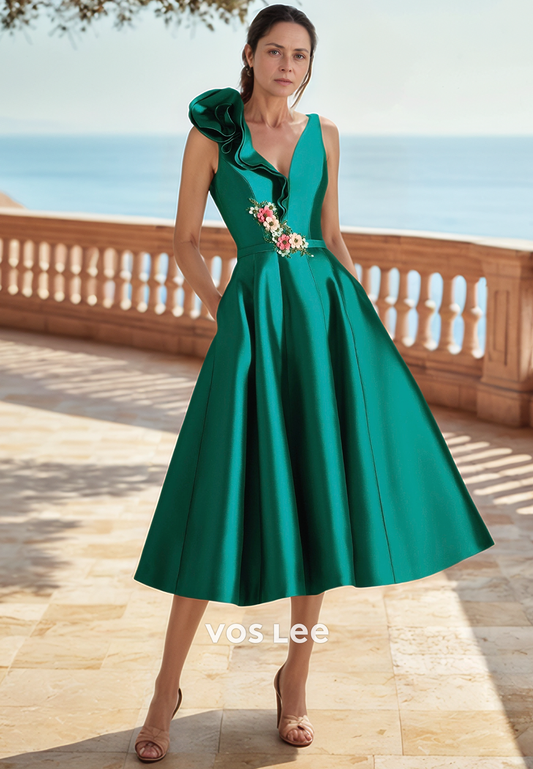 A-Line V Neck Tea-Length Floral Embellished Sleek Mother of Bride Dresses