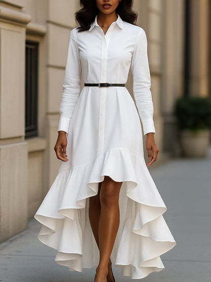 White Ruffled High-Low Shirt Dress
