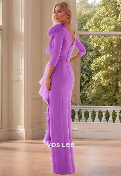 Simple High Neck  Floral Embossed Mermaid Mother of Bride Dresses with Side Slit