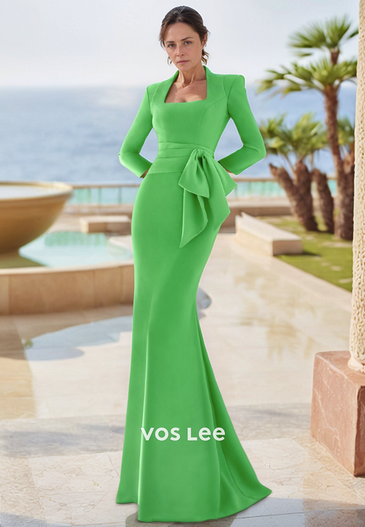 Long Sleeve Square Bowknot Mermaid Formal Dresses Mother of Bride Dresses