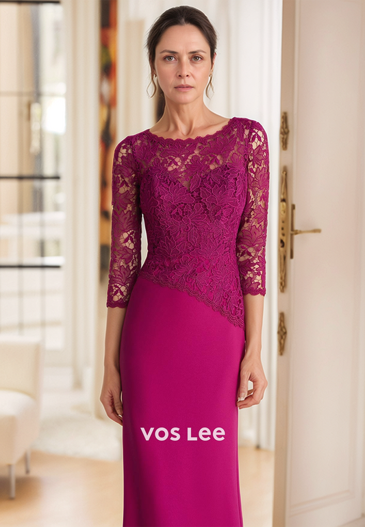 Lace Applique 3/4 Sleeve Mermaid Mother of Bride Dresses with Sweep Train