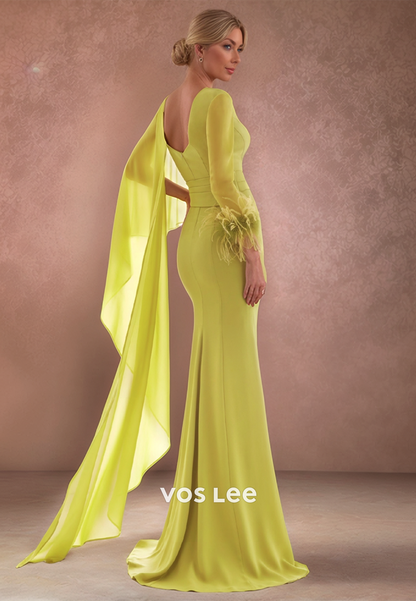 Classic & Timeless Long Sleevees V Neck Feather Mermaid Mother of the Bride Dresses