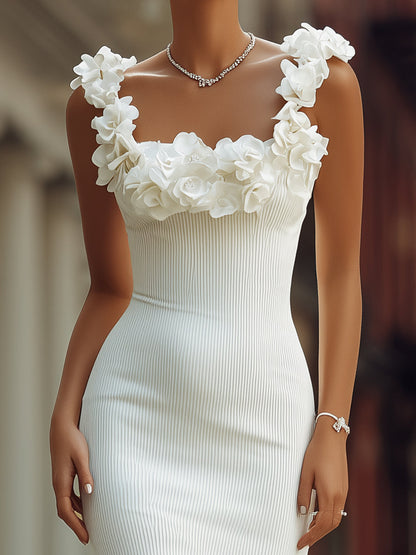 Elegant Floral Strap Textured White Midi Dress