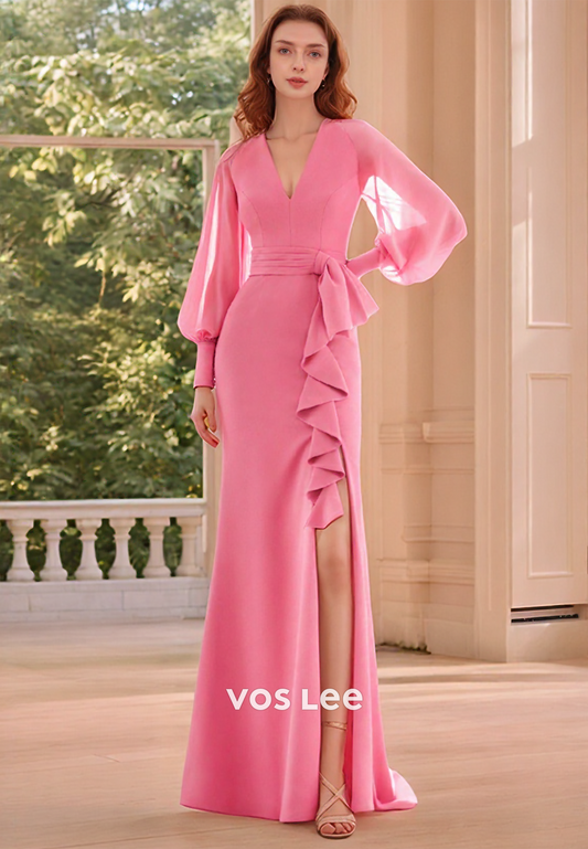 Long Sleeve Floor-Length Mermaid Mother of the Bride Dresses with Side Slit