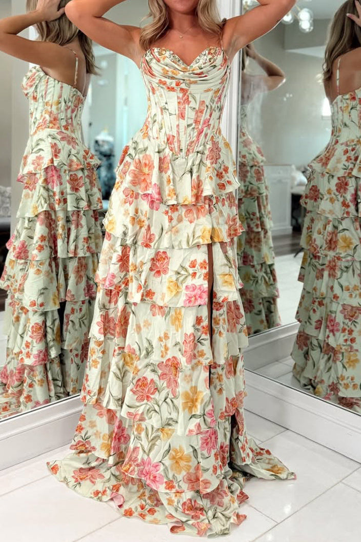 Fashion A Line Sweetheart Floral Chiffon Prom Dress with Slit