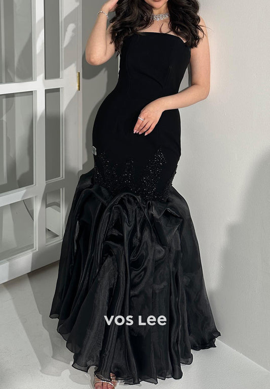 Strapless Rhinestone Pleated Trumpet Floor-Length Evening Dresses