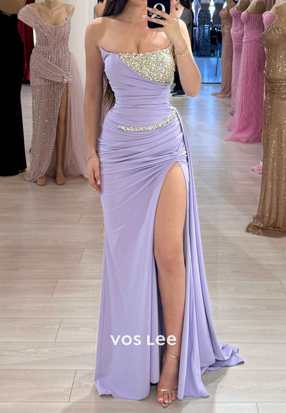 Strapless Rhinestone Embellished Floor-Length Mermaid Evening Dresses with High Split
