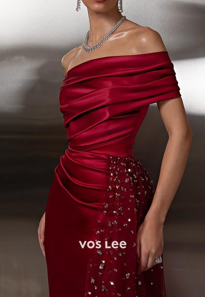 Burgundy Off the Shoulder Satin Pleated Mermaid Prom Dresses with Sweep Train