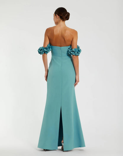 Teal Off-the-Shoulder Mermaid Evening Gown with 3D Floral Sleeves