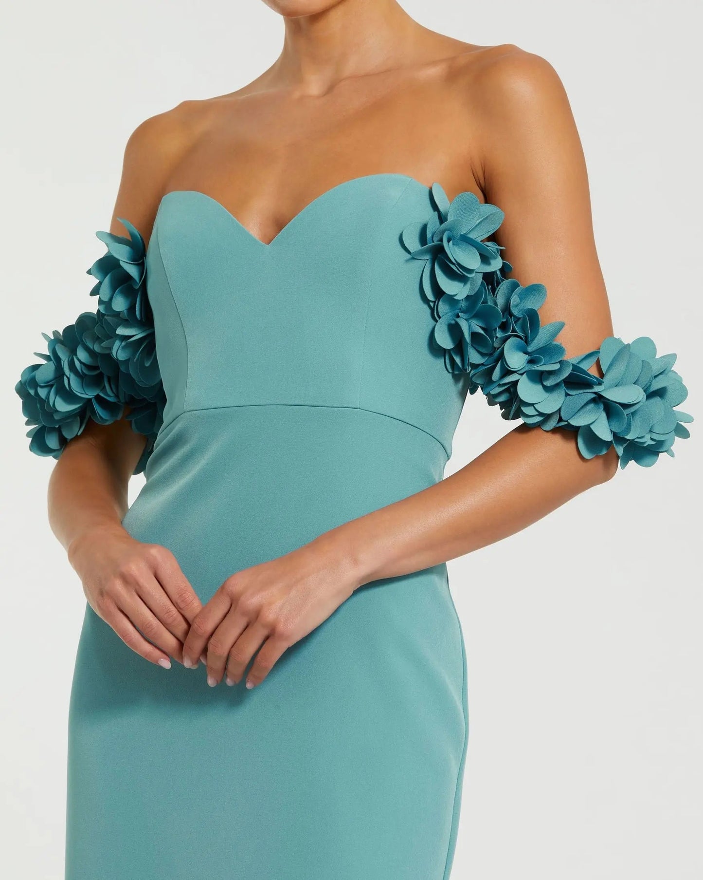 Teal Off-the-Shoulder Mermaid Evening Gown with 3D Floral Sleeves