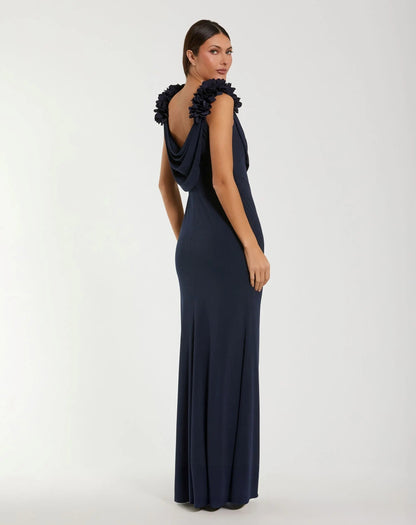 Navy Cowl Neck Formal Evening Gown - 3D Flower Dress for Mother of the Bride