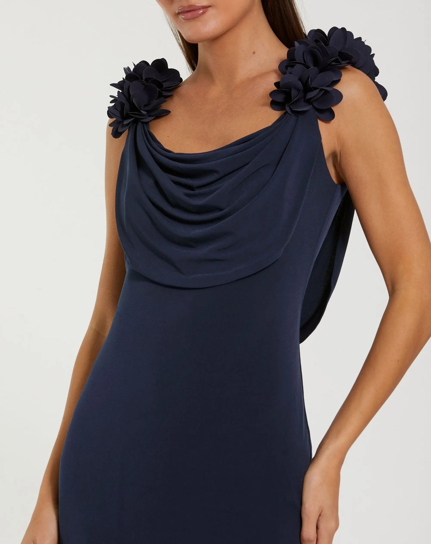 Navy Cowl Neck Formal Evening Gown - 3D Flower Dress for Mother of the Bride