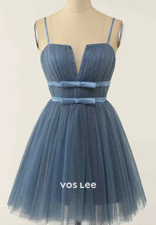 Sparkling A-Line Spaghetti Straps V-neck Ruched Homecoming Dresses