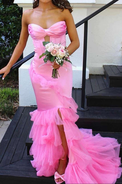 Strapless Pink Ruched Mermaid Long Formal Dress