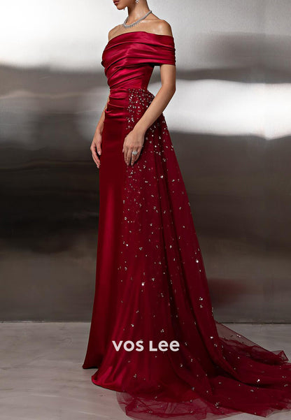 Burgundy Off the Shoulder Satin Pleated Mermaid Prom Dresses with Sweep Train