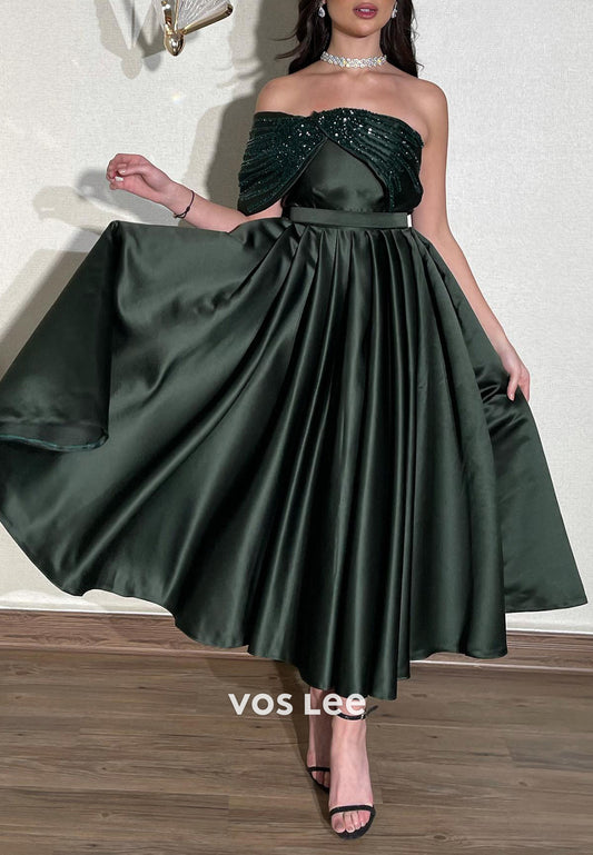 A-Line One Shoulder Sleeveless Beaded Ankle-Length Evening Dresses