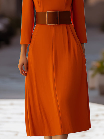 Elegant Square-Neck Belted Midi Dress