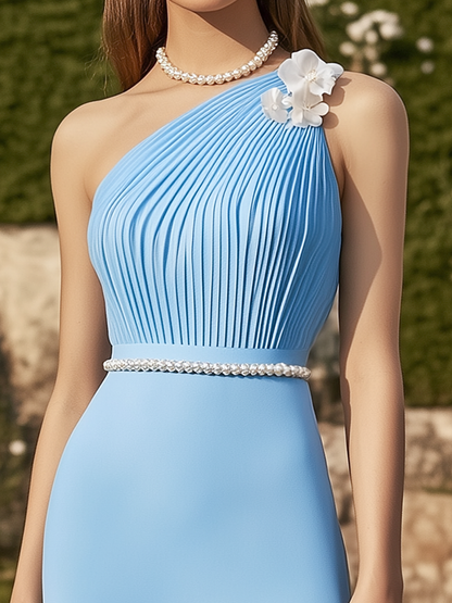 Elegant 3D Flower Detail Pleated One-Shoulder Floral Print Dress With Pearl Belt