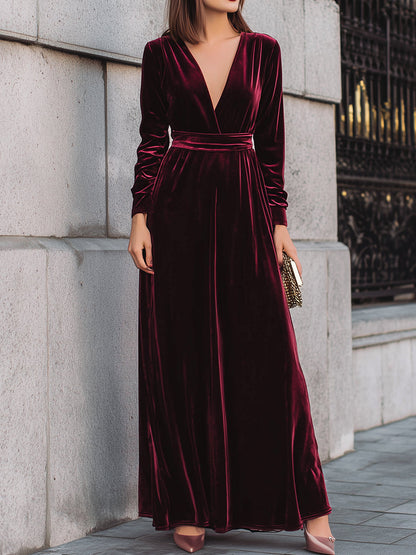 Burgundy Velvet Long-Sleeve Evening Gown