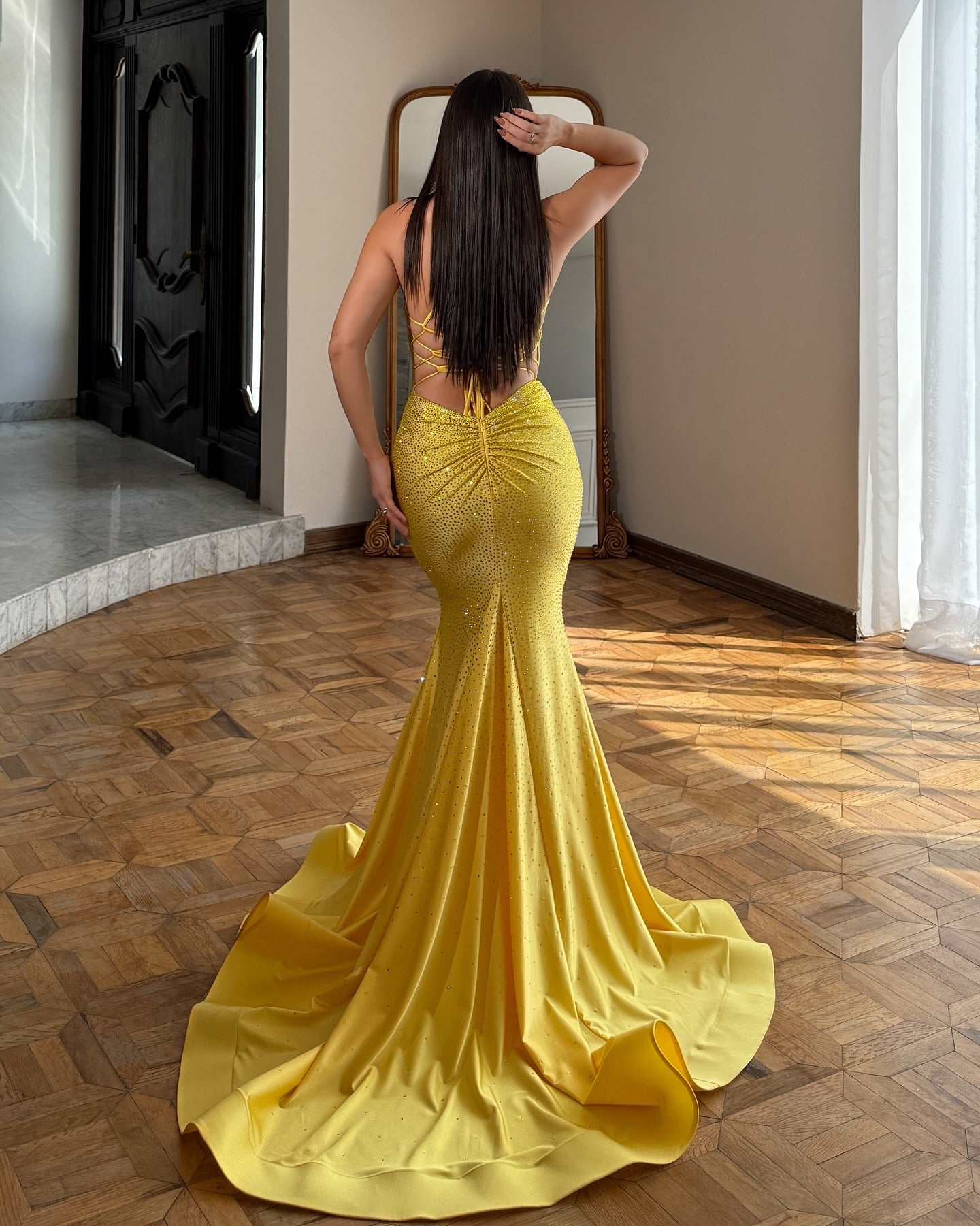 Women's Mermaid Satin Beaded Long Prom Dresses Sexy V Neck Evening Party Gowns HE1032