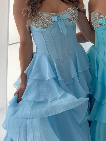 Sweetheart Corset Crystal Beaded Prom Dresses A Line Chiffon Ruffled Evening Gowns