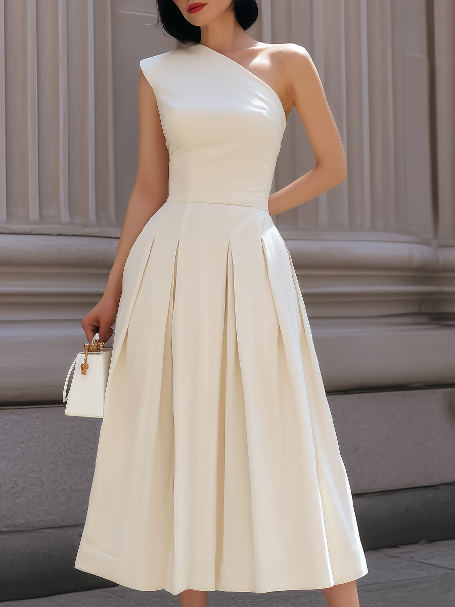 Ivory One-Shoulder Pleated Midi Dress