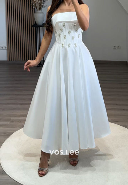 Beaded Crystal Strapless A-Line Satin Homecoming Evening Prom Dress Ball Gown