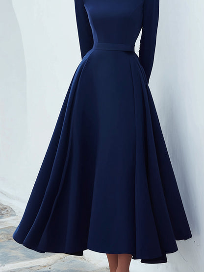 Navy Bow-Shoulder Long-Sleeve Midi Dress