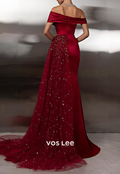 Burgundy Off the Shoulder Satin Pleated Mermaid Prom Dresses with Sweep Train