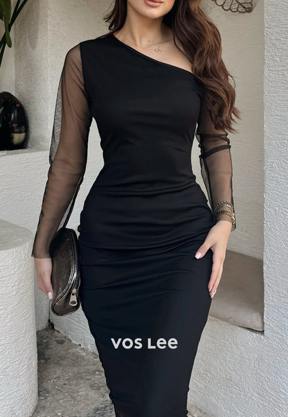 Long Sleeve One Shoulder Knee-Length Mermaid Wedding Guest Dresses