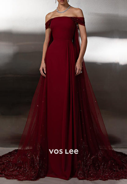 Burgundy - Off the Shoulder Appliques  Sequins Sheath Prom Dresses