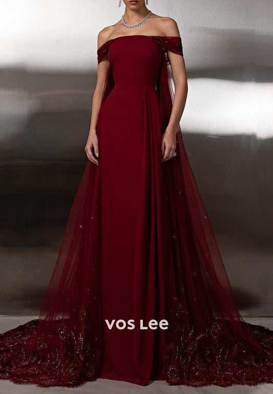 Burgundy - Off the Shoulder Appliques  Sequins Sheath Prom Dresses