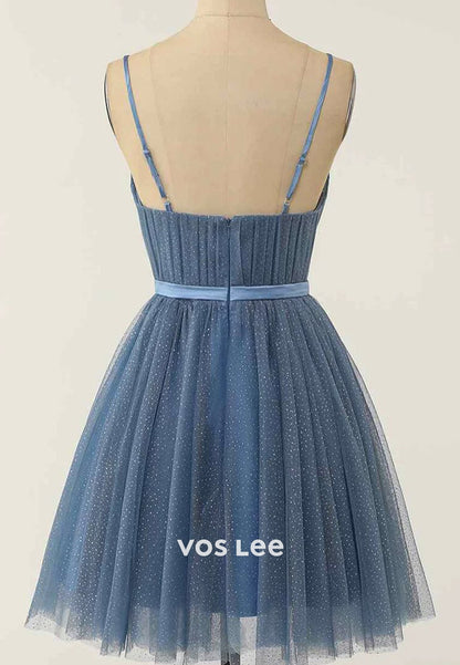 Sparkling A-Line Spaghetti Straps V-neck Ruched Homecoming Dresses
