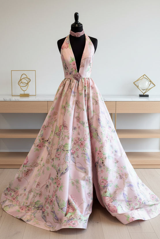Cute A Line V Neck Flower Print Satin Prom Dress with Beading