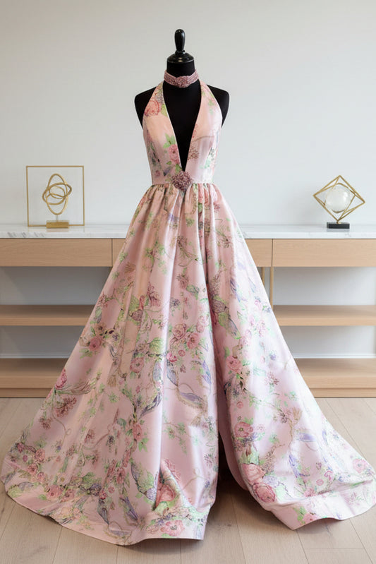 Cute A Line V Neck Flower Print Satin Prom Dress with Beading