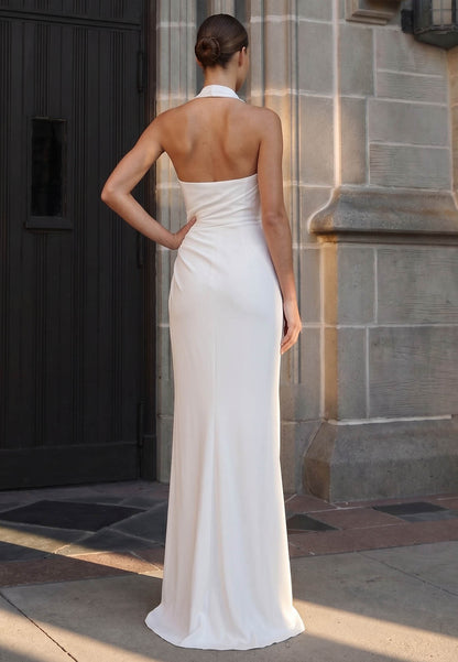 Halter Slit Ruched Sleeveless Wedding Dress